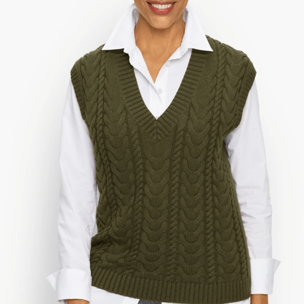 Talbots Olive V-Neck Cable Knit Sweater Vest